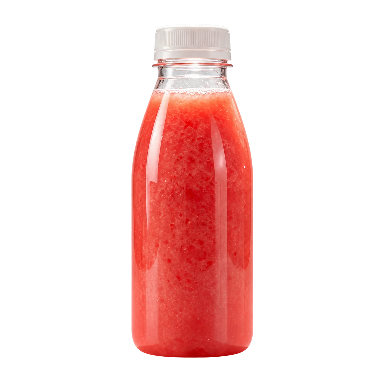 Red fruit juice in a clear bottle