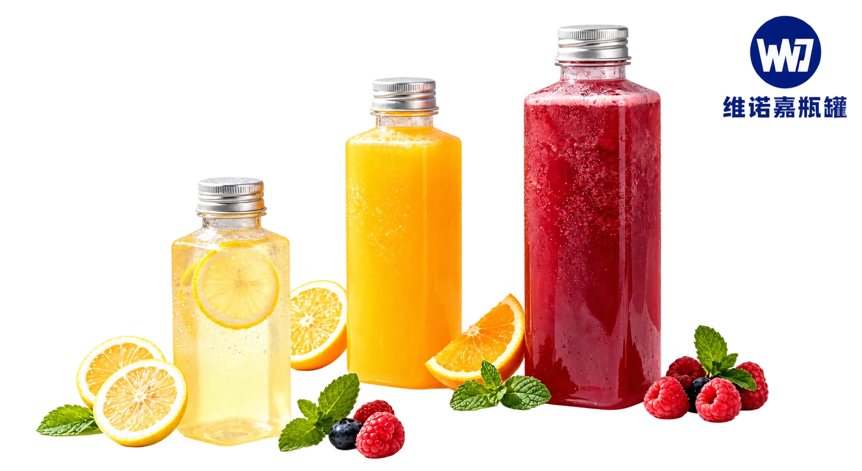 Vinoga bottles and cans with fresh fruit drinks